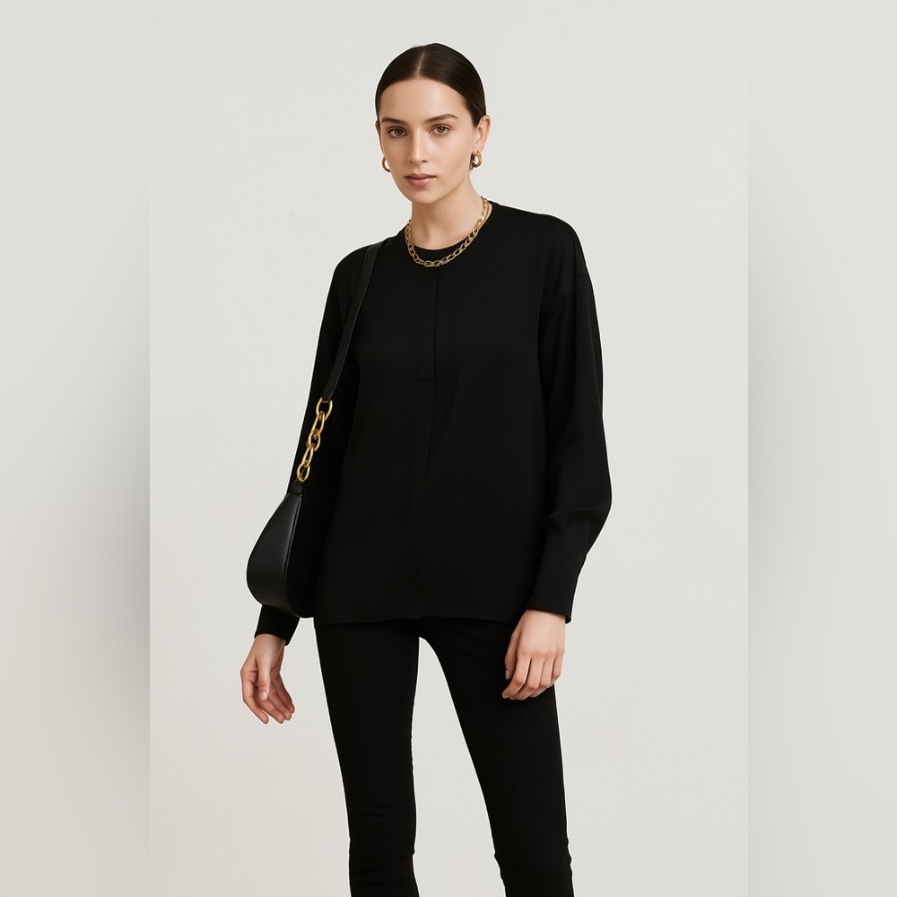 Vince Black Silk Blend Blouse  Long Sleeve Minimalist Workwear Top Size S